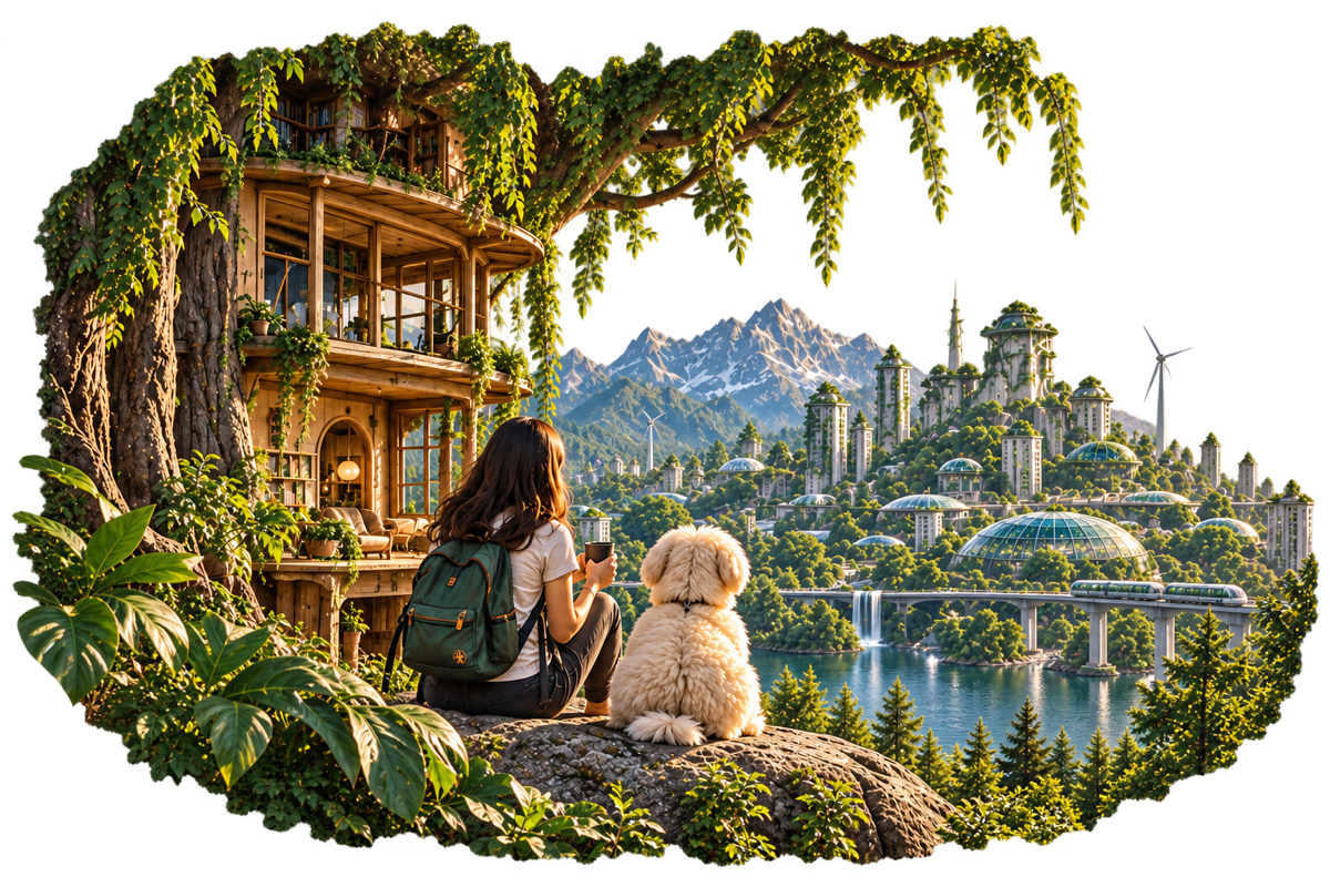 A woman reaching toward a luminous tree in a solarpunk landscape